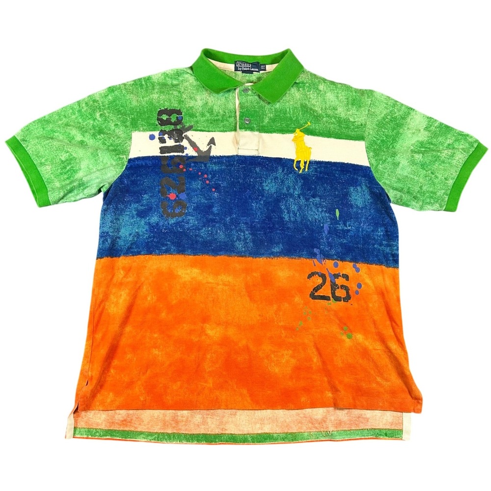 VTG Polo Ralph Lauren Mens XLT Colorblock Painted Pony Anchor Polo Rugby Shirt‎